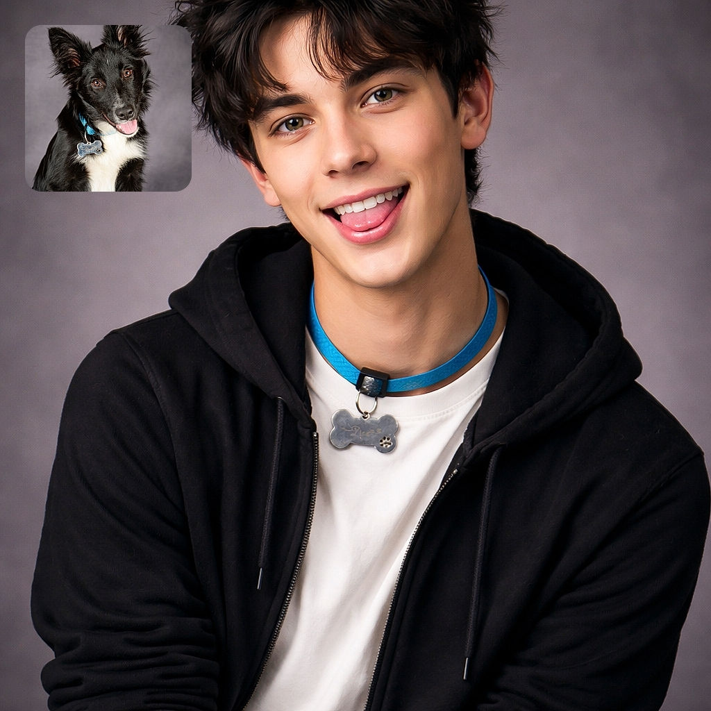 A joyful black-and-white border-collie is posing like a furry supermodel, tongue out and ears perky, wearing a blue collar with a bone-shaped tag against a soft studio backdrop.