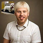 A freshly groomed white dog, possibly a West Highland Terrier, stands on a grooming table with its tongue out, looking cheerful and fluffy against a yellow and tiled background.