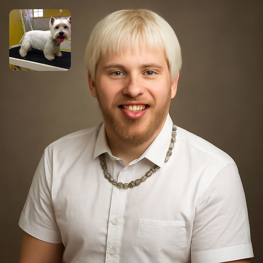 A freshly groomed white dog, possibly a West Highland Terrier, stands on a grooming table with its tongue out, looking cheerful and fluffy against a yellow and tiled background.