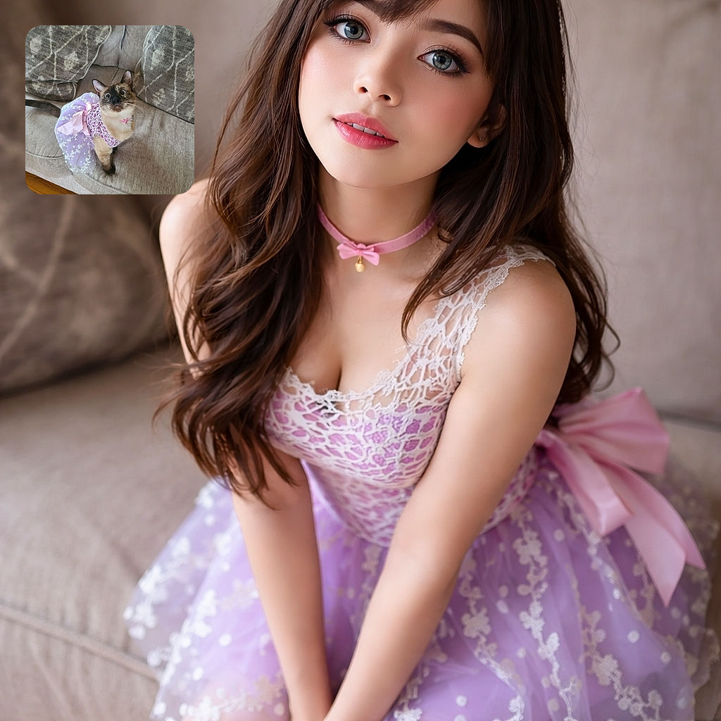 A wide-eyed Siamese-looking cat reluctantly models a frilly purple tutu and pink bow on a beige couch, giving the camera a dramatic, 'I demand snacks' stare — couture meets canine-level indignity.