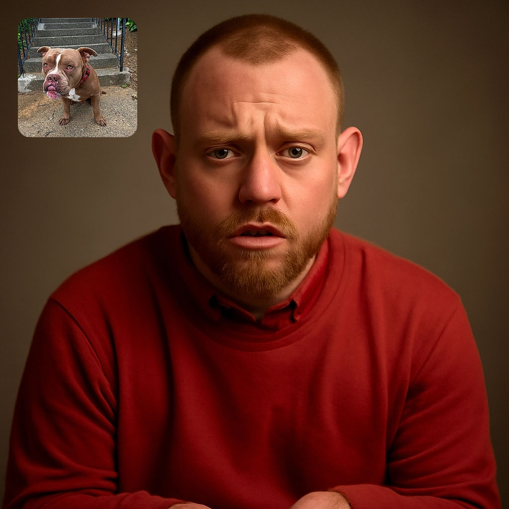 A charming brown dog with a white patch on its chest sits attentively at the base of a concrete staircase, its tongue playfully sticking out. The scene is set outdoors with greenery flanking the stairs, and the dog's expressive eyes capture a moment of curiosity or anticipation.