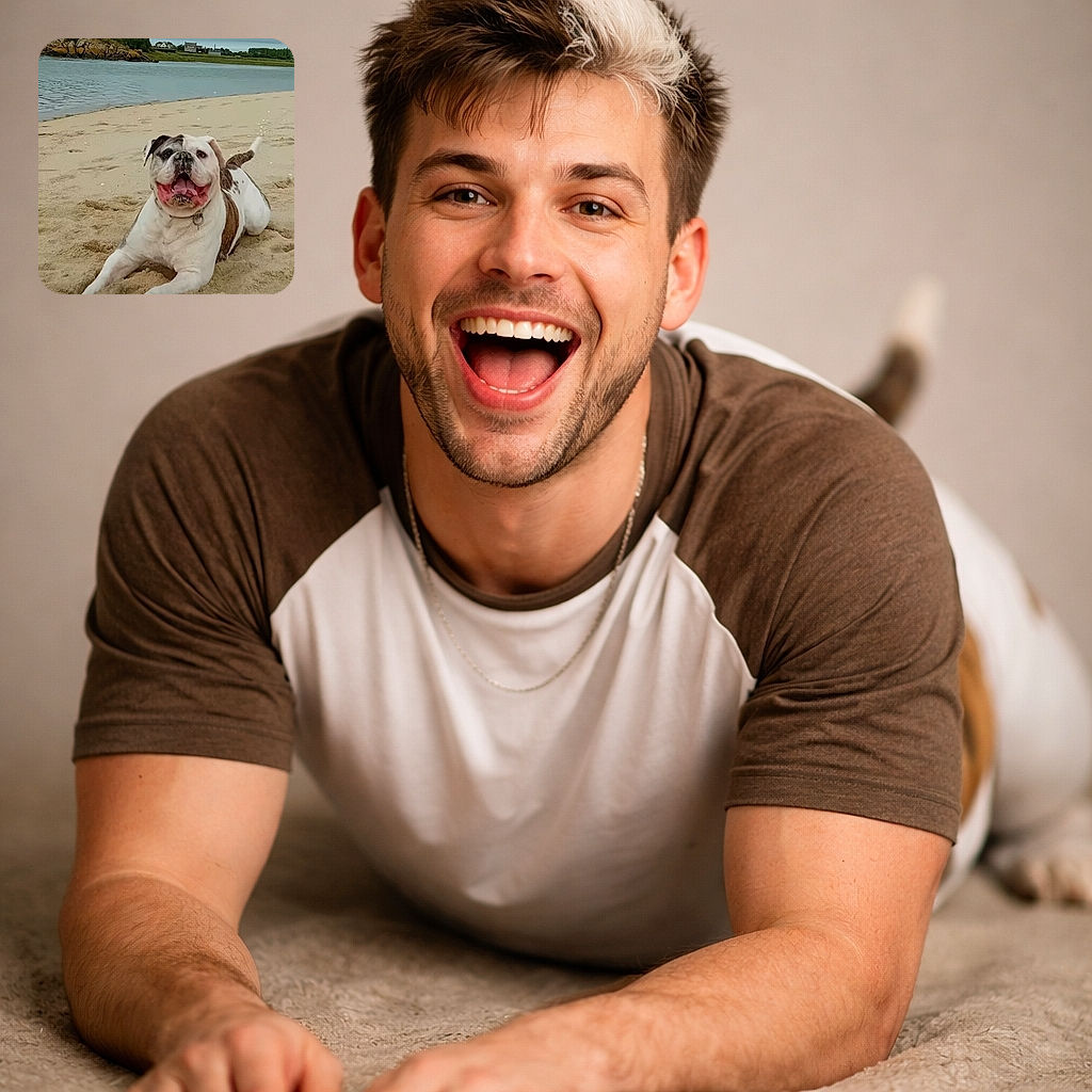 A cheerful bulldog lying on the sandy beach with its tongue out, looking very happy and a bit sandy, with a calm river and green trees in the background under a cloudy sky. The phrase 'Coup de projecteur' is overlaid at the bottom in large white text.