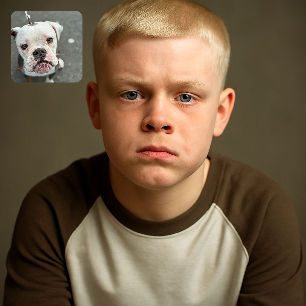A close-up shot of an adorable white and brown dog with soulful eyes looking up, leash attached, standing on a gray pavement background with a shallow depth of field that softly blurs the surroundings.