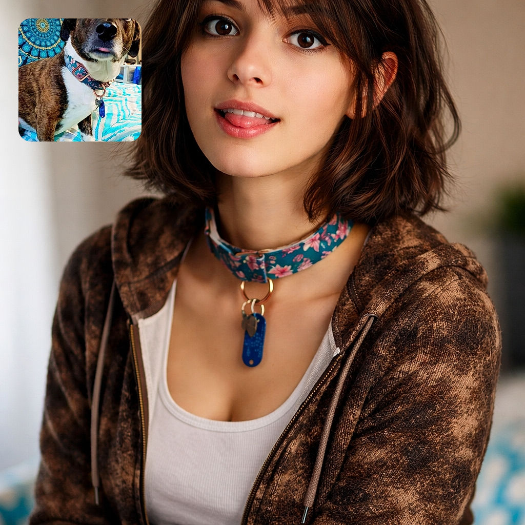 A lovable brindle dog strikes a close-up pose on a bright turquoise bedspread with a boho mandala tapestry behind it. The pup's collar and tag glint in the light, one ear flopped, eyes wide and glossy, and a tiny tongue peeking out like it forgot the rest of its face. Cozy bedroom vibes, bold patterns, and an expression that screams 'treat now, questions later.'