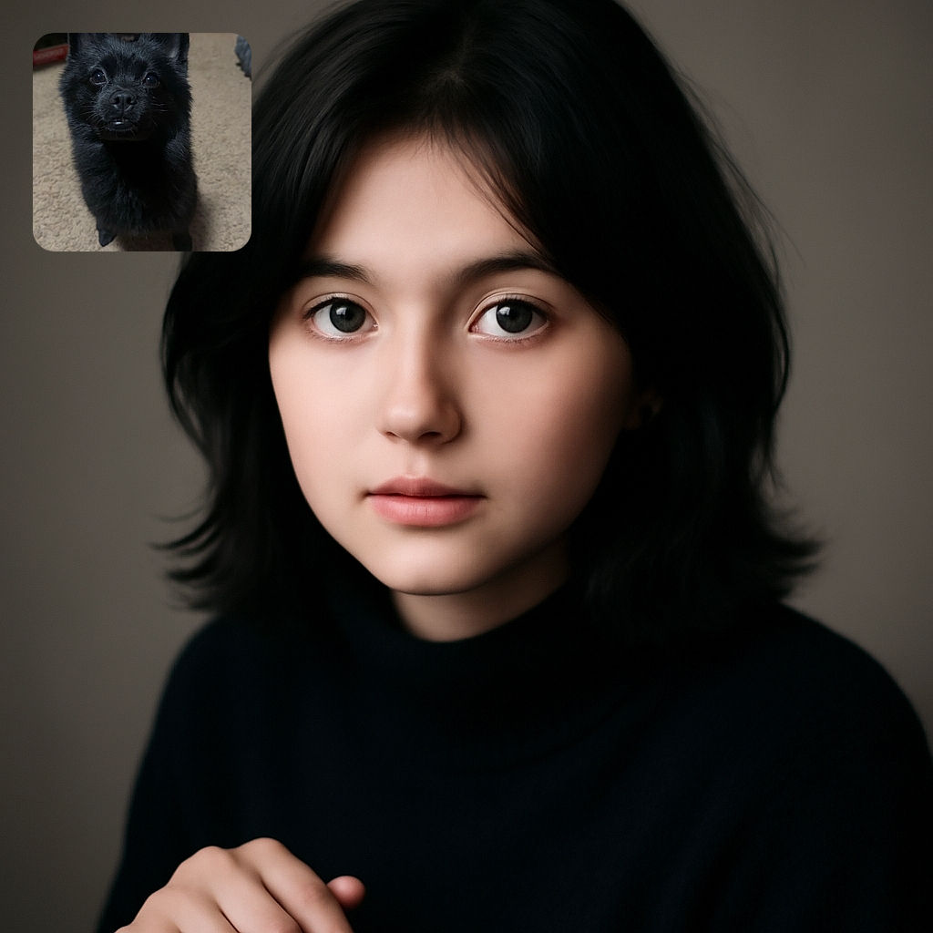 A fluffy black dog with bright, curious eyes looks up eagerly on a beige carpet, its shiny fur contrasting with the soft background. The cozy indoor setting adds warmth to the scene, highlighting the dog's adorable expression.
