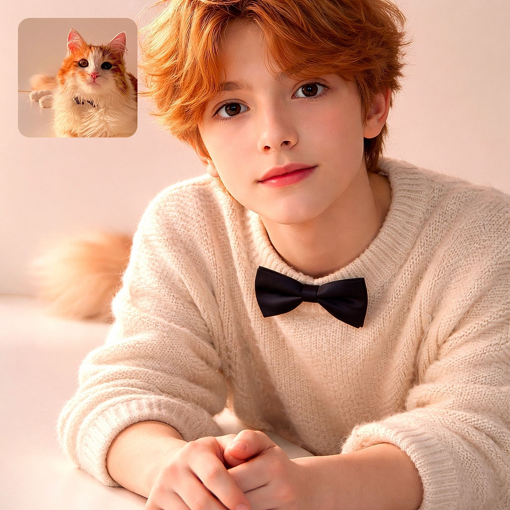 A fluffy orange-and-white cat lounges like royalty against a soft beige backdrop, big curious eyes and a pink nose stealing the show — it looks like a tiny lion who just remembered where it hid the treats.