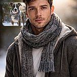 A handsome dog stands proudly in the snow wearing a cozy gray scarf, snowflakes dusting its fur as the golden sunlight creates a magical winter glow around it.