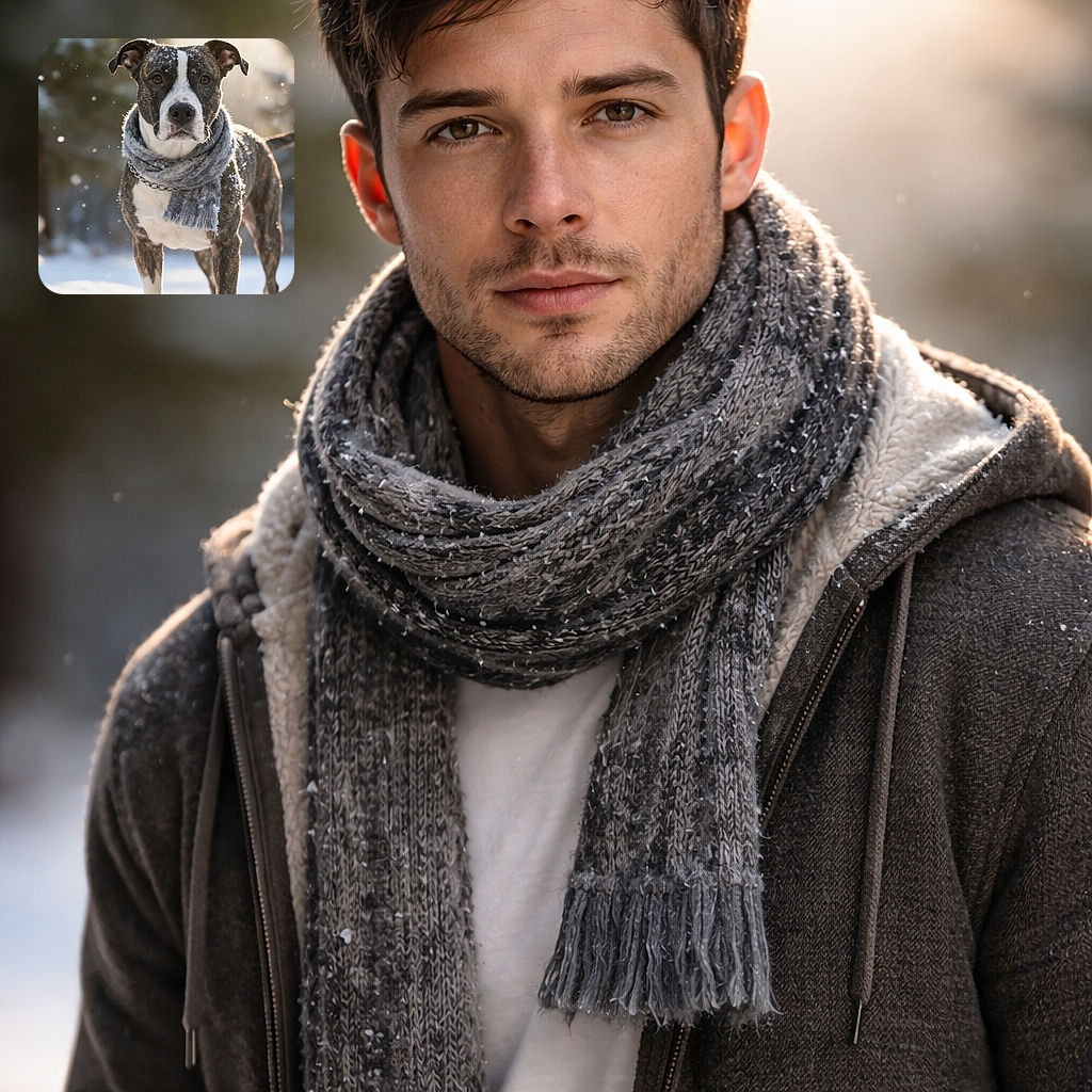 A handsome dog stands proudly in the snow wearing a cozy gray scarf, snowflakes dusting its fur as the golden sunlight creates a magical winter glow around it.
