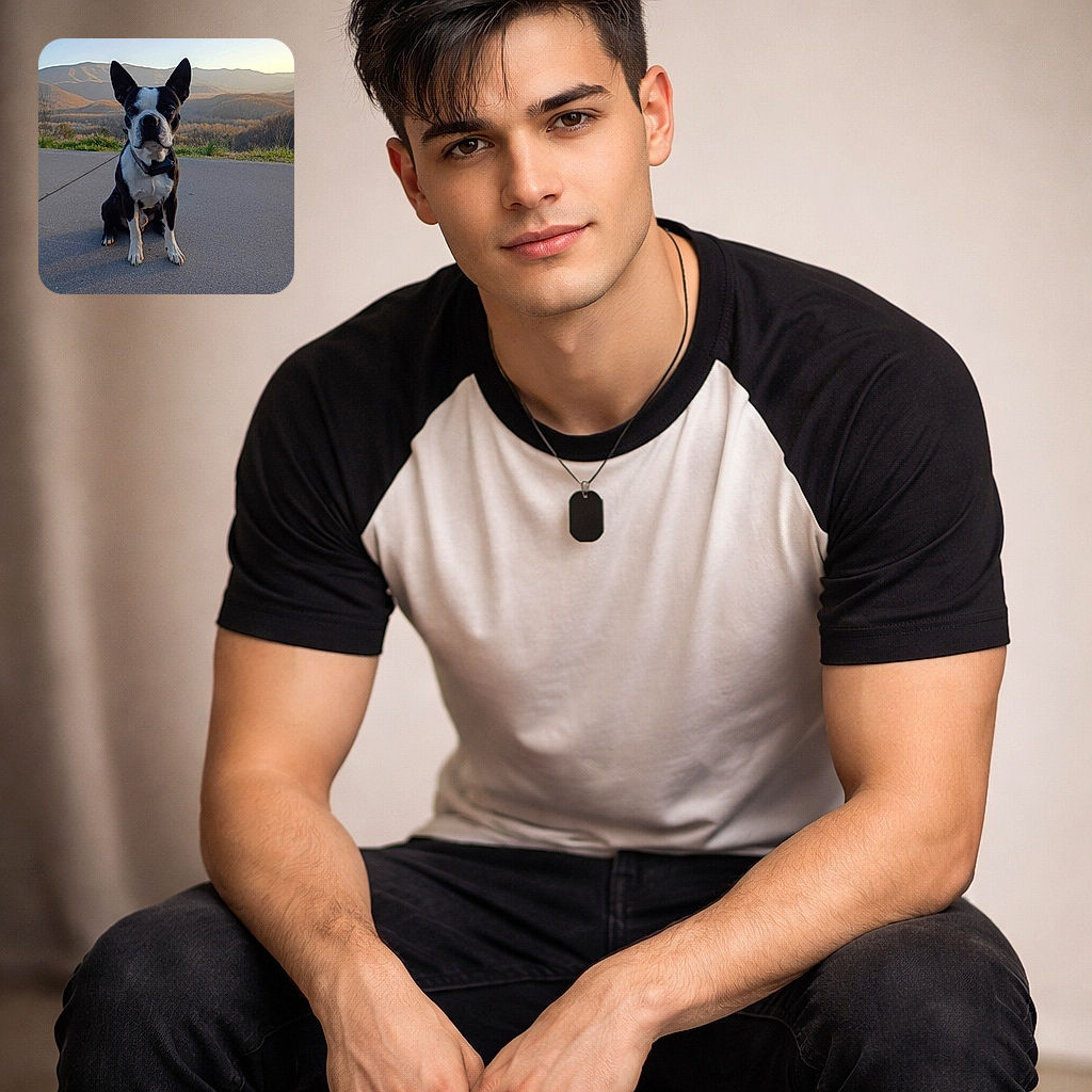 A stoic Boston Terrier sits center stage on a paved overlook, ears like radar dishes, staring dead-on at the camera while golden hills and layered mountains melt into soft evening light — a perfect 'did you bring snacks or what?' nature portrait.