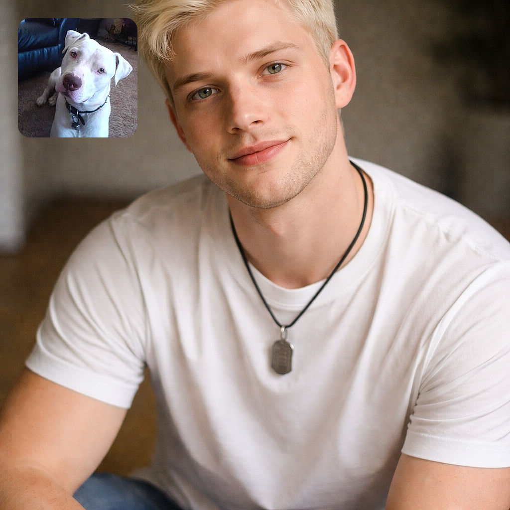 A curious white dog with a black collar sits on a carpeted floor, tilting its head slightly as if trying to understand the camera, with a dark leather couch and some household items in the background.