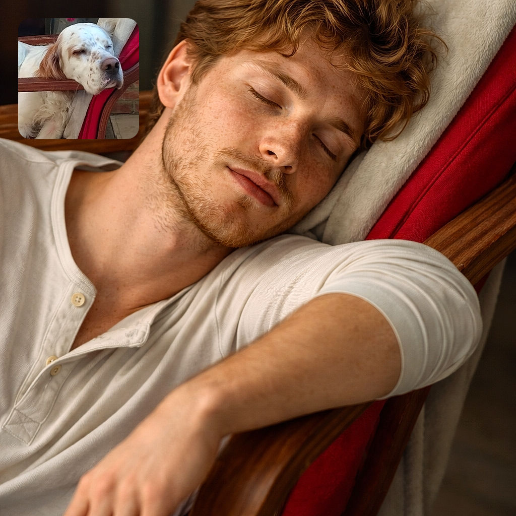 A spotted dog has surrendered to a nap, face draped over the wooden arm of a chair like it owns the place — nose slightly squished, ears flopped, and all the dignity replaced by pure snooze. Background shows cozy cushions and a broom peeking out, as if even the cleaning tools respect nap time.