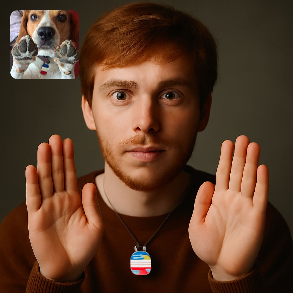 A close-up photo of a dog with its paws raised towards the camera, showing the paw pads clearly. The dog's face is slightly out of focus, giving a playful and candid vibe. The background features wooden furniture and a red floor, adding a warm indoor atmosphere.