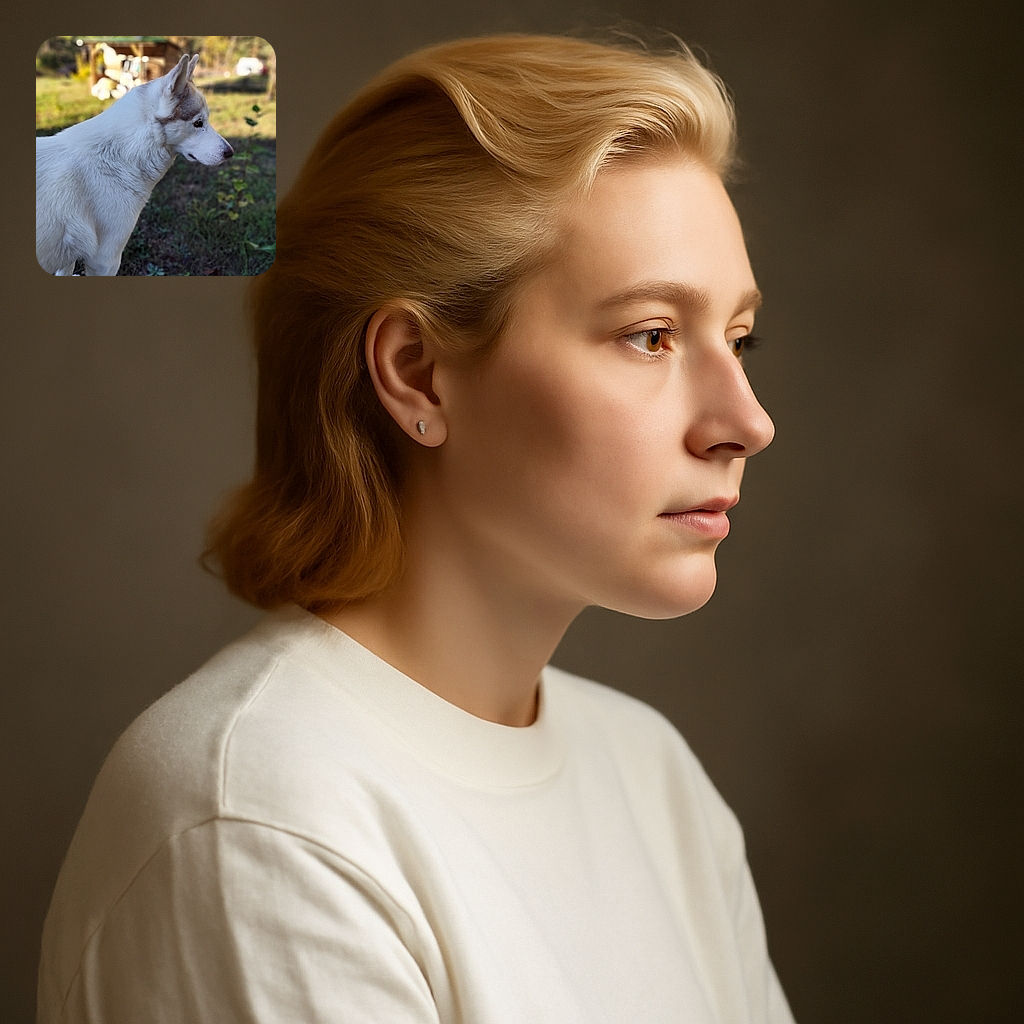 A majestic white dog with grey markings stands in profile on a grassy patch, gazing thoughtfully into the distance with a softly blurred rustic background of trees and a wooden structure.