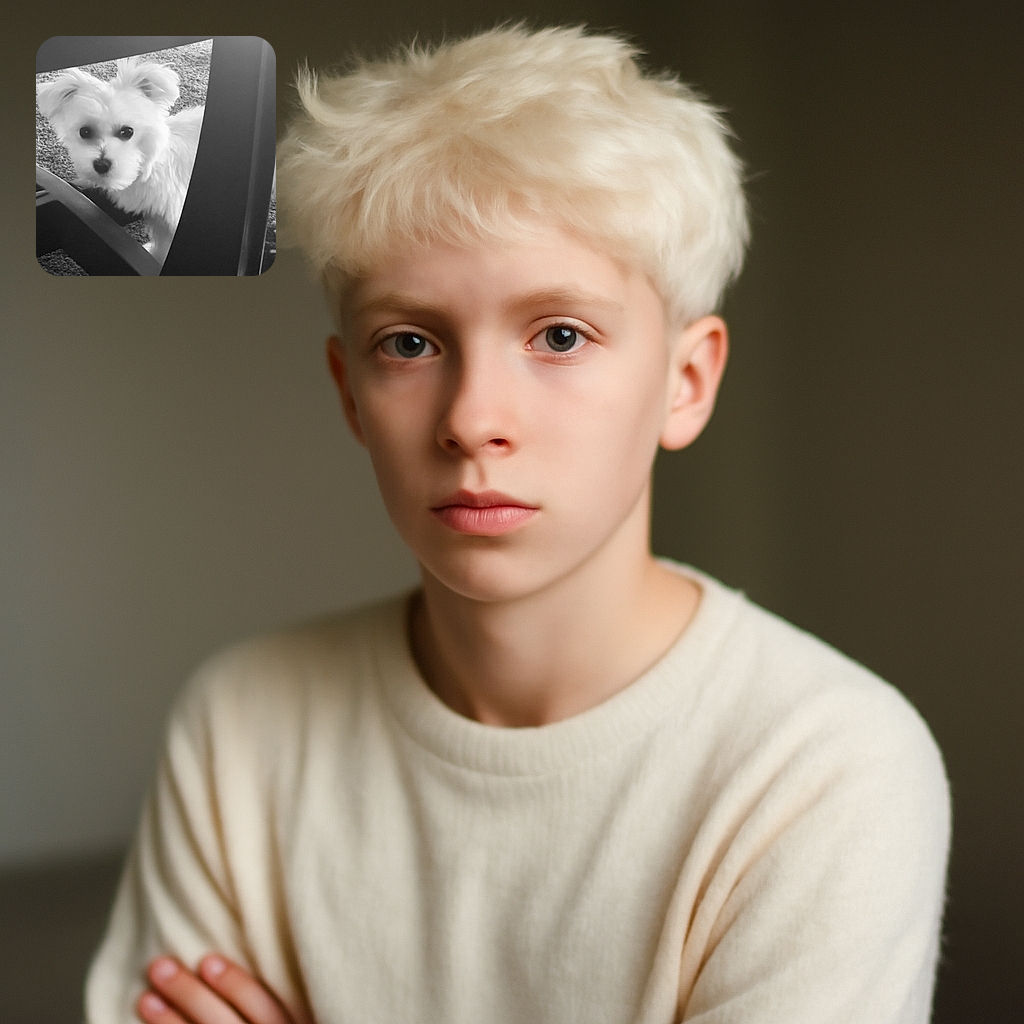 A fluffy white dog peeks curiously from behind a piece of furniture, its dark eyes shining with innocent wonder on a textured carpet background. The black and white filter adds a classic, vintage vibe to this candid moment of canine curiosity.