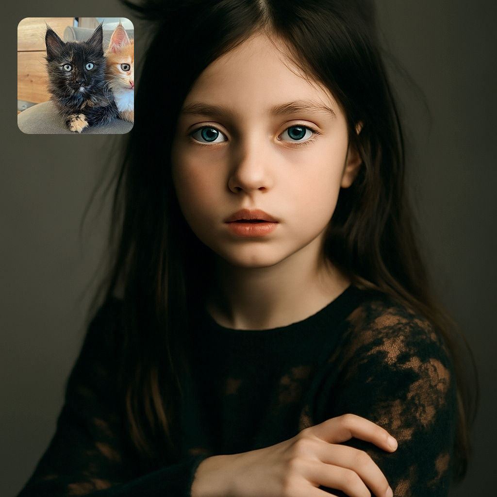 Two adorable kittens, one black with striking blue eyes and the other orange and white, are cozily sitting side by side on a soft gray surface with a wooden dresser softly blurred in the background.