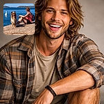 A sunny day by the water with a relaxed woman sitting on a rocky shore next to a happy, panting dog. The blue sea stretches out behind them with a small sailboat drifting peacefully, and distant hills framing the horizon. Perfect vibes for a chill adventure with your furry best friend.