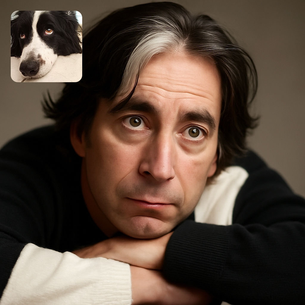 A close-up shot of a black and white dog lying on a tiled floor, looking upwards with soulful brown eyes, capturing a moment of calm and contemplation.