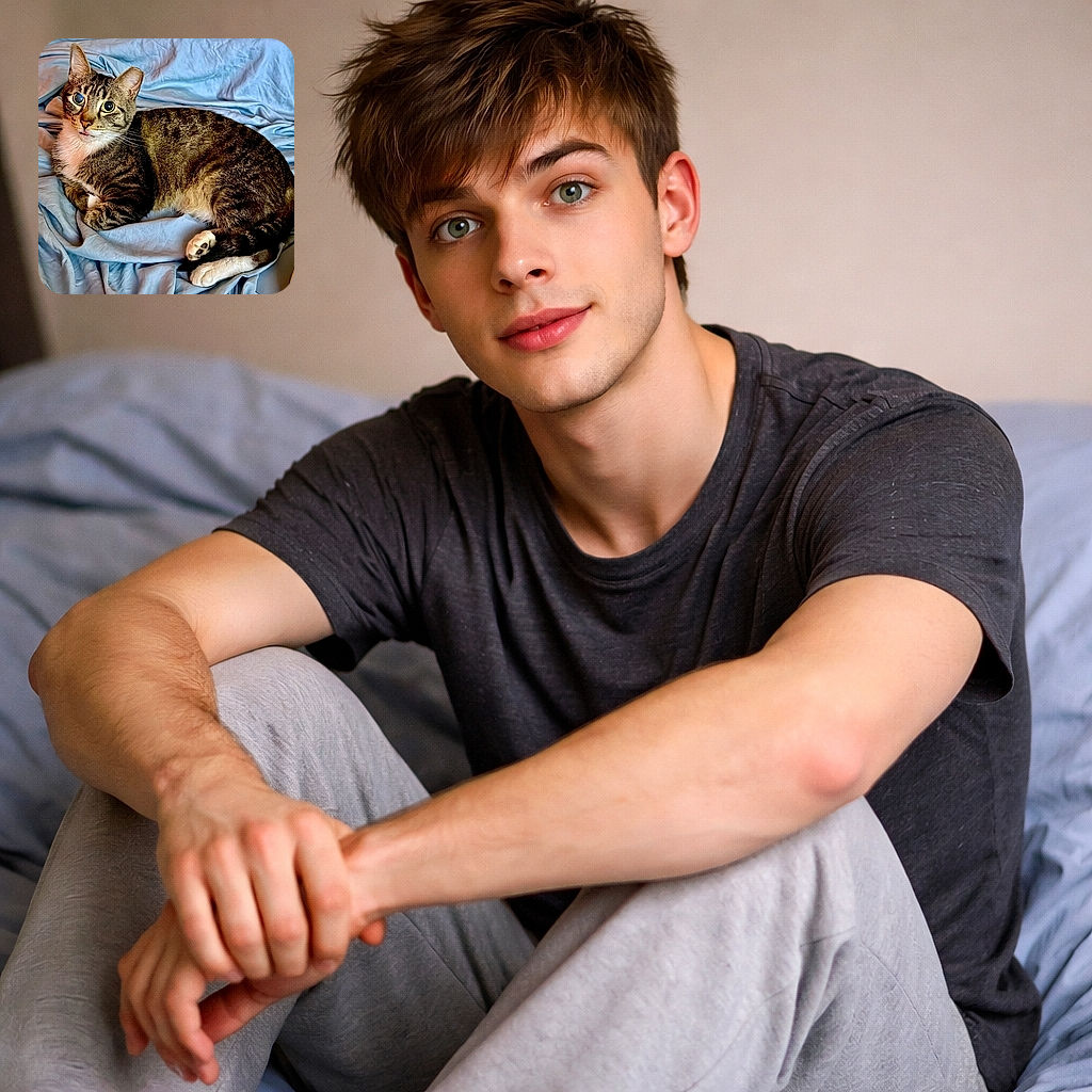 A curious tabby cat with big, shiny eyes and a tiny pink tongue peeking out lounges comfortably on a crumpled light blue sheet, looking like it's ready to star in a cozy home photoshoot.