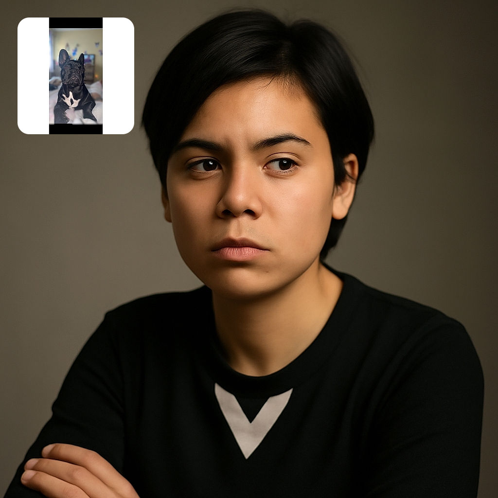A dignified black French Bulldog with a striking white chest patch poses regally on a soft bed. The background is softly blurred, highlighting the dog's shiny coat and expressive eyes, giving off a vibe of quiet contemplation and canine royalty.