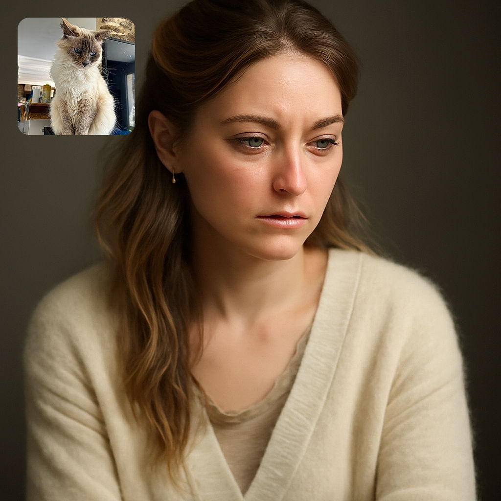 A fluffy, regal cat with striking blue eyes sits perched on a black surface, looking contemplative and majestic. The background shows a cozy indoor setting with a stone wall and kitchen items slightly out of focus, emphasizing the cat as the main subject.
