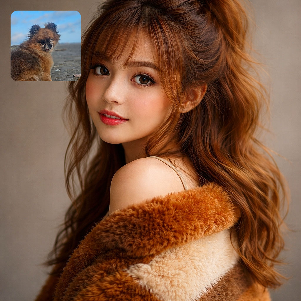 A fluffy Pomeranian steals the show on a windswept beach — side-eyeing the camera with a tiny tongue peeking, ears like fuzzy antennae, and a regal, slightly grumpy pose that says, "I own this sand."