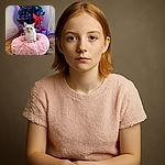 A wide-eyed cat with striking blue eyes sits elegantly in a fluffy pink bed, perfectly framed by a festively decorated Christmas tree adorned with red bows, ornaments, and twinkling blue lights. The cozy setting is completed by wrapped presents and a warm wooden floor, creating a heartwarming holiday scene.