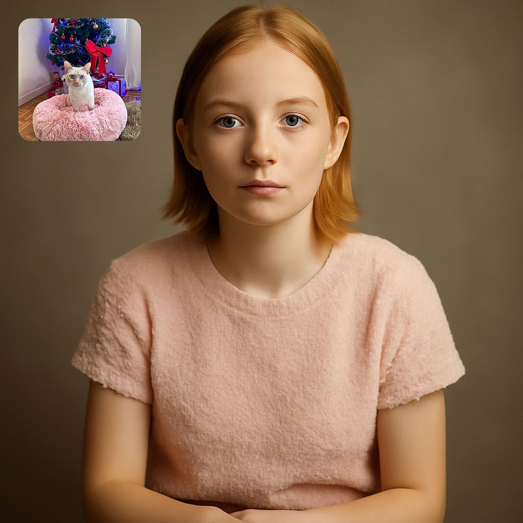A wide-eyed cat with striking blue eyes sits elegantly in a fluffy pink bed, perfectly framed by a festively decorated Christmas tree adorned with red bows, ornaments, and twinkling blue lights. The cozy setting is completed by wrapped presents and a warm wooden floor, creating a heartwarming holiday scene.