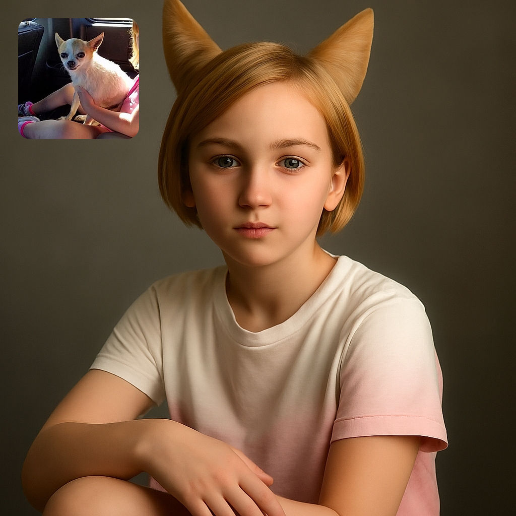 A small Chihuahua with a slightly mischievous grin is perched on a child's lap inside a car, bathed in warm sunlight streaming through the window. The child, dressed in pink, holds the dog gently, creating a cozy and intimate moment between pet and owner during a car ride.