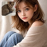 A tiny tabby kitten sits curled up on a fluffy white blanket, looking down with big curious eyes, surrounded by soft textures and a hint of a red feather toy nearby, ready for some playful mischief.