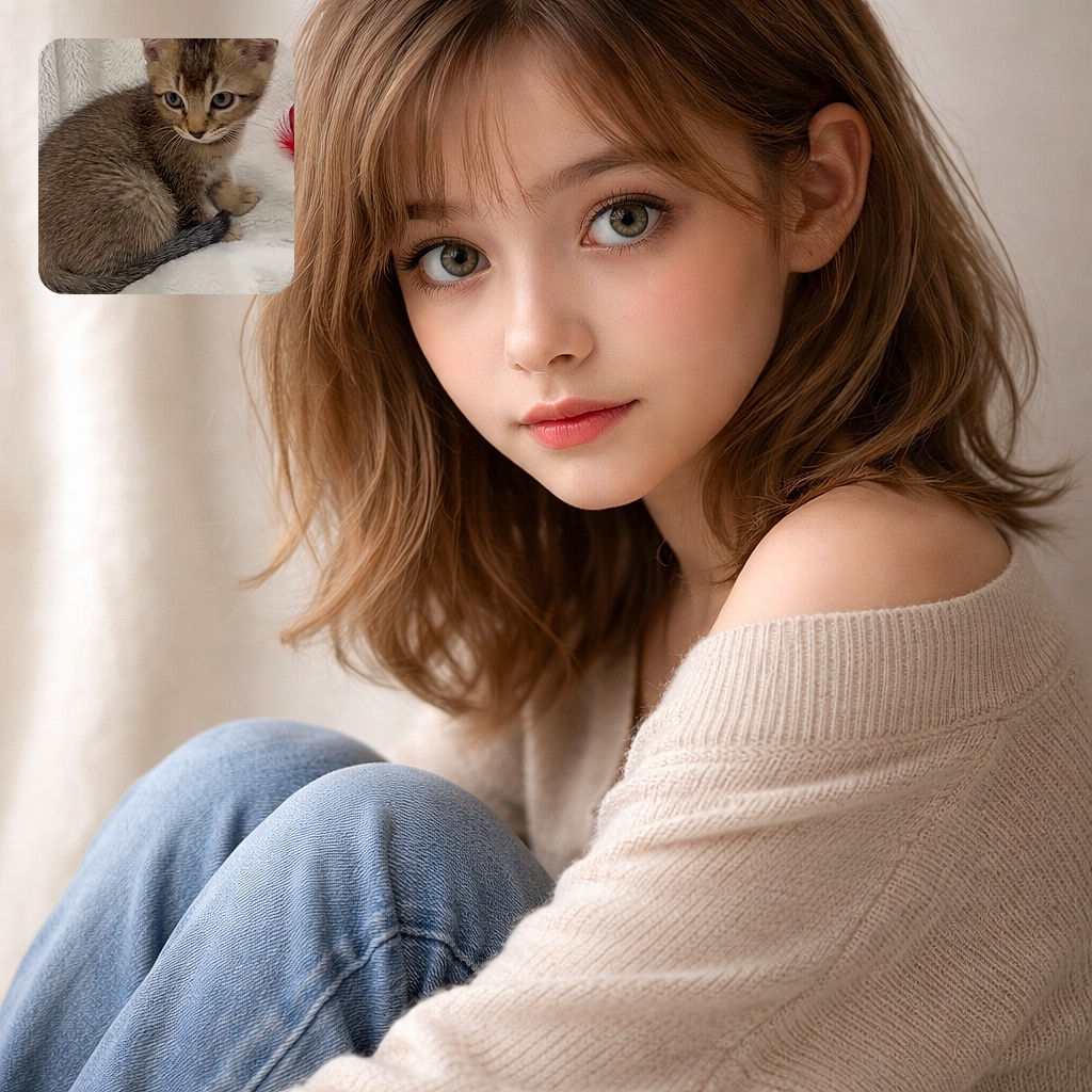 A tiny tabby kitten sits curled up on a fluffy white blanket, looking down with big curious eyes, surrounded by soft textures and a hint of a red feather toy nearby, ready for some playful mischief.