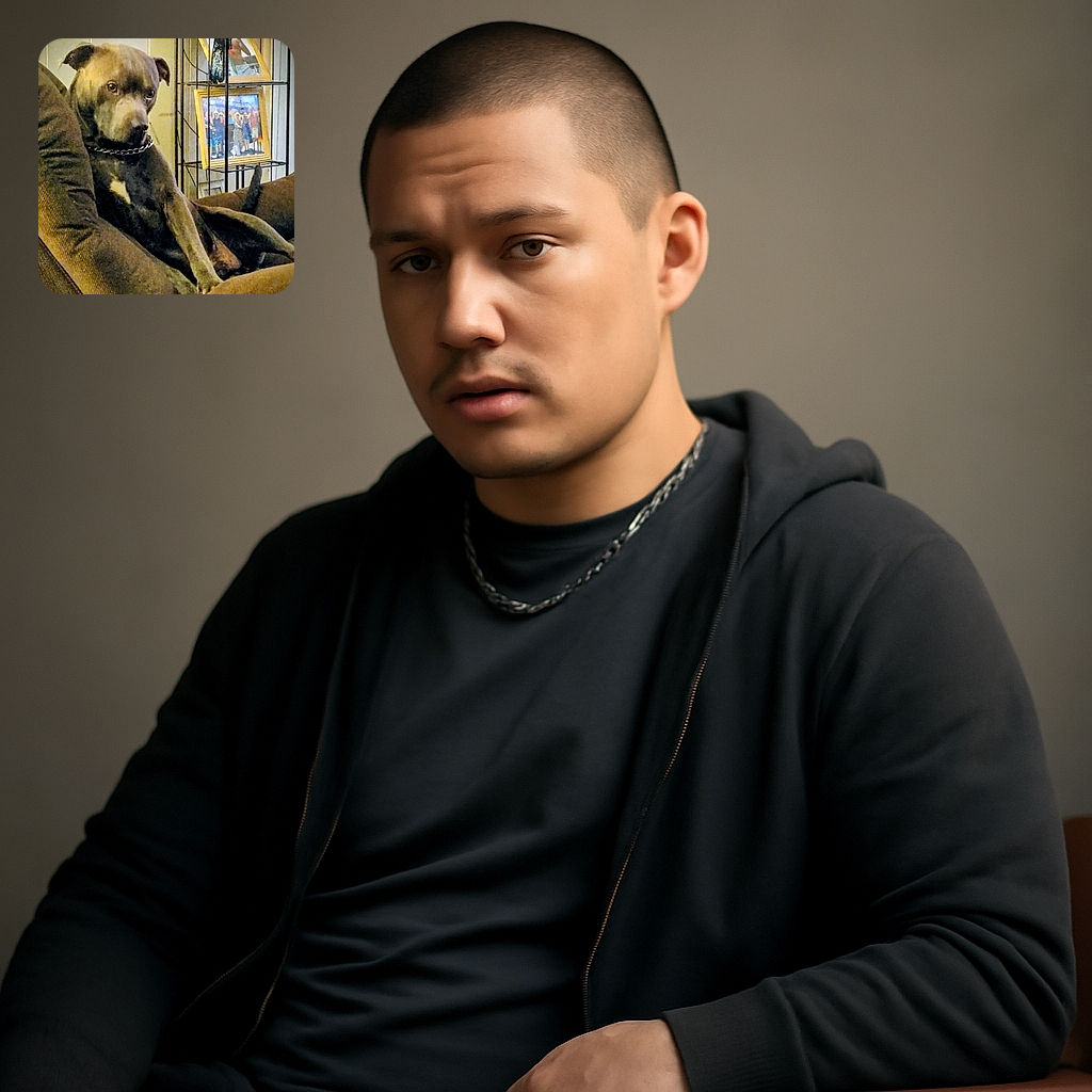 A relaxed dog lounging comfortably on a brown cushioned chair, wearing a chain collar, with a slightly blurry background featuring framed family photos on a metal shelf.