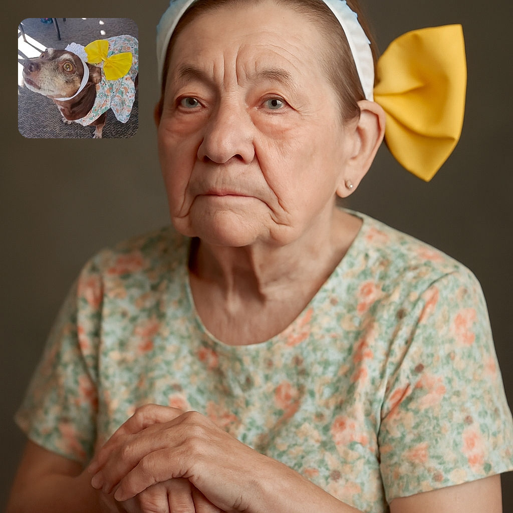 A small dog dressed in a colorful floral outfit with a large yellow bow and a white lace headband looks up with wide, curious eyes, standing on a carpeted floor with sunlight casting shadows nearby.