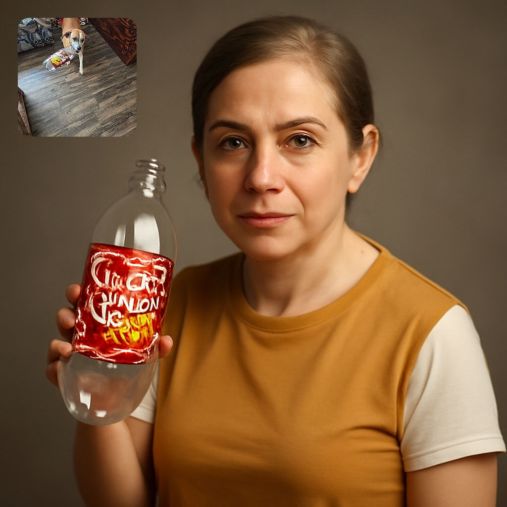 A playful dog proudly parades around the room with a large empty soda bottle in its mouth, tail wagging enthusiastically. The cozy living space features a patterned couch and a colorful blanket in the background, all set against a rustic wooden floor and wall.