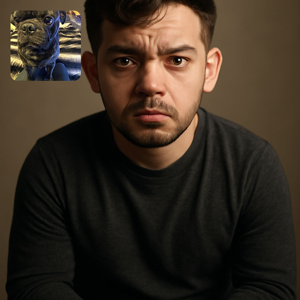 A close-up photo of a curious dark brindle dog standing on someone's lap, with a cozy indoor background featuring a bed and furniture. The dog's face is slightly out of focus, giving it a soft, endearing look.