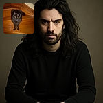 A fluffy black cat with glowing yellow eyes is perched on wooden stairs, looking like a mysterious shadow ready to pounce or maybe just demanding a snack.