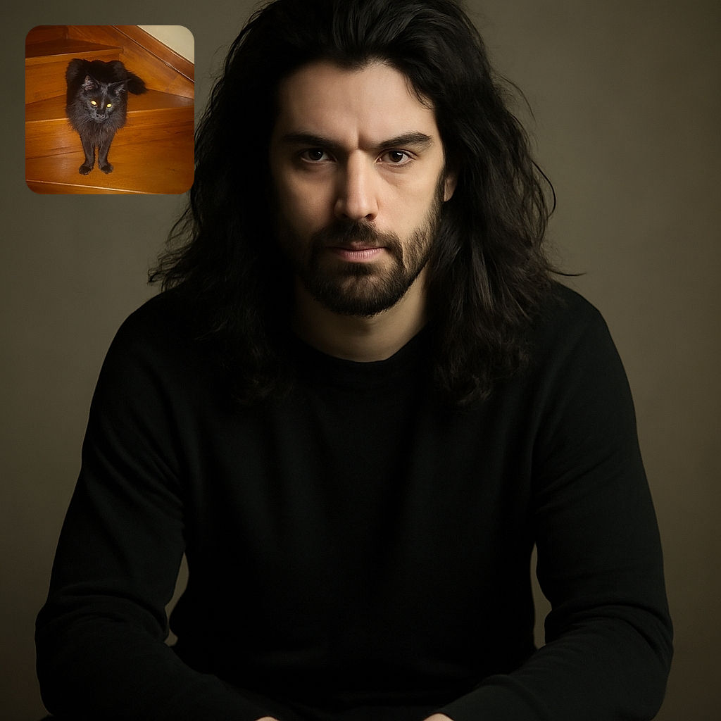 A fluffy black cat with glowing yellow eyes is perched on wooden stairs, looking like a mysterious shadow ready to pounce or maybe just demanding a snack.