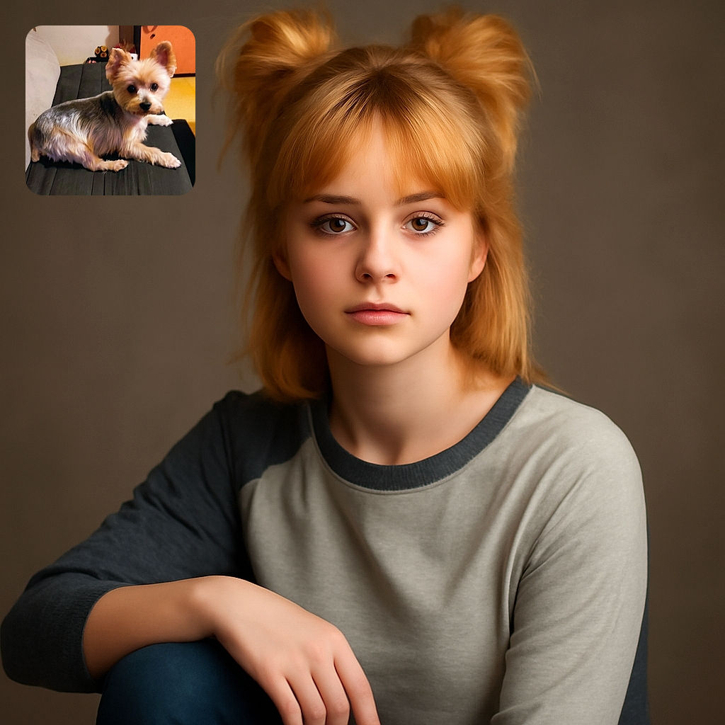 A small, fluffy dog with a fresh haircut lounges on a dark couch, looking curiously at the camera with big, shiny eyes. The background shows a cozy room with a hint of furniture and warm colors, giving a homely vibe.