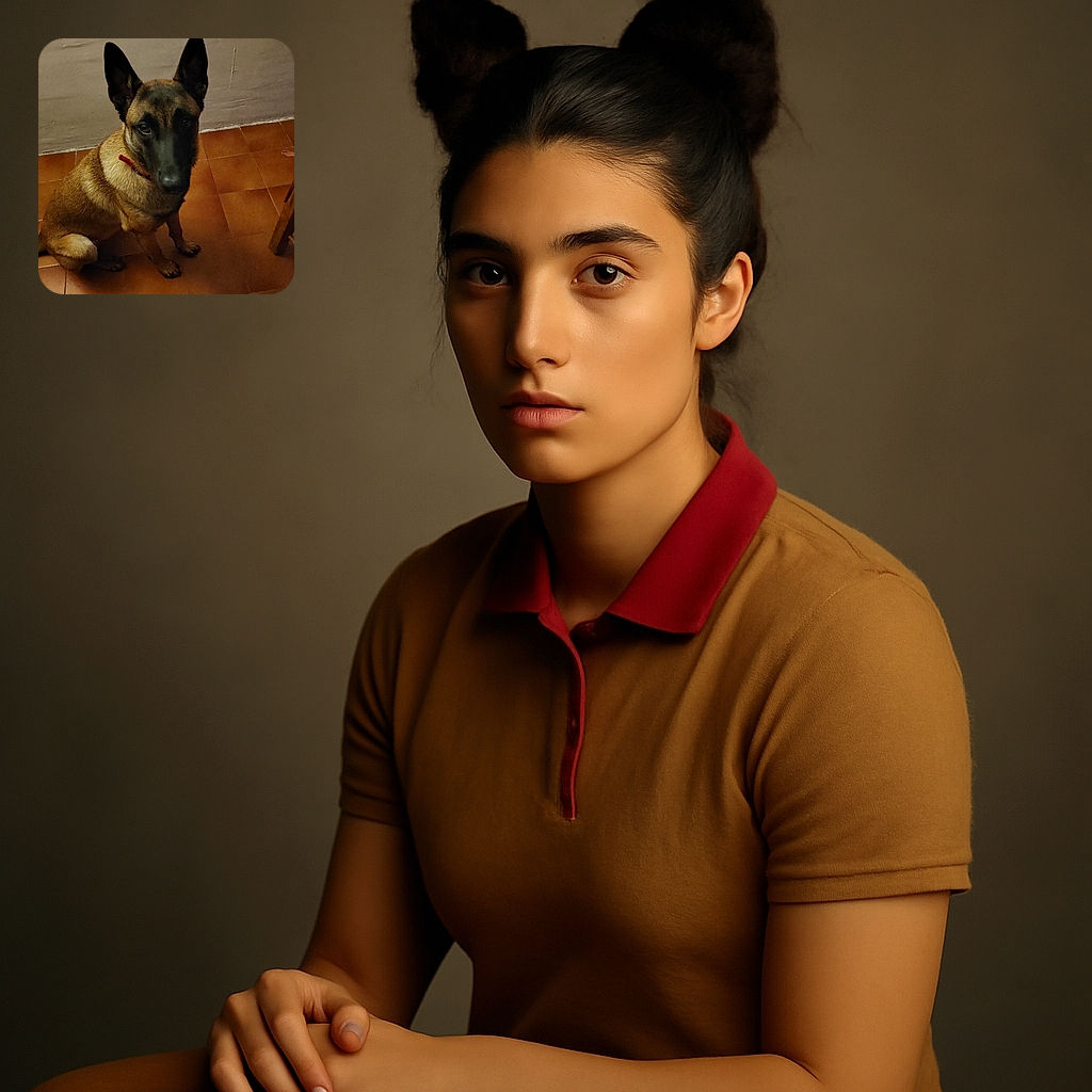 A serious-looking dog with large ears sits attentively on a tiled floor against a plain, slightly cracked wall, giving off the vibe of a loyal guard waiting for instructions.