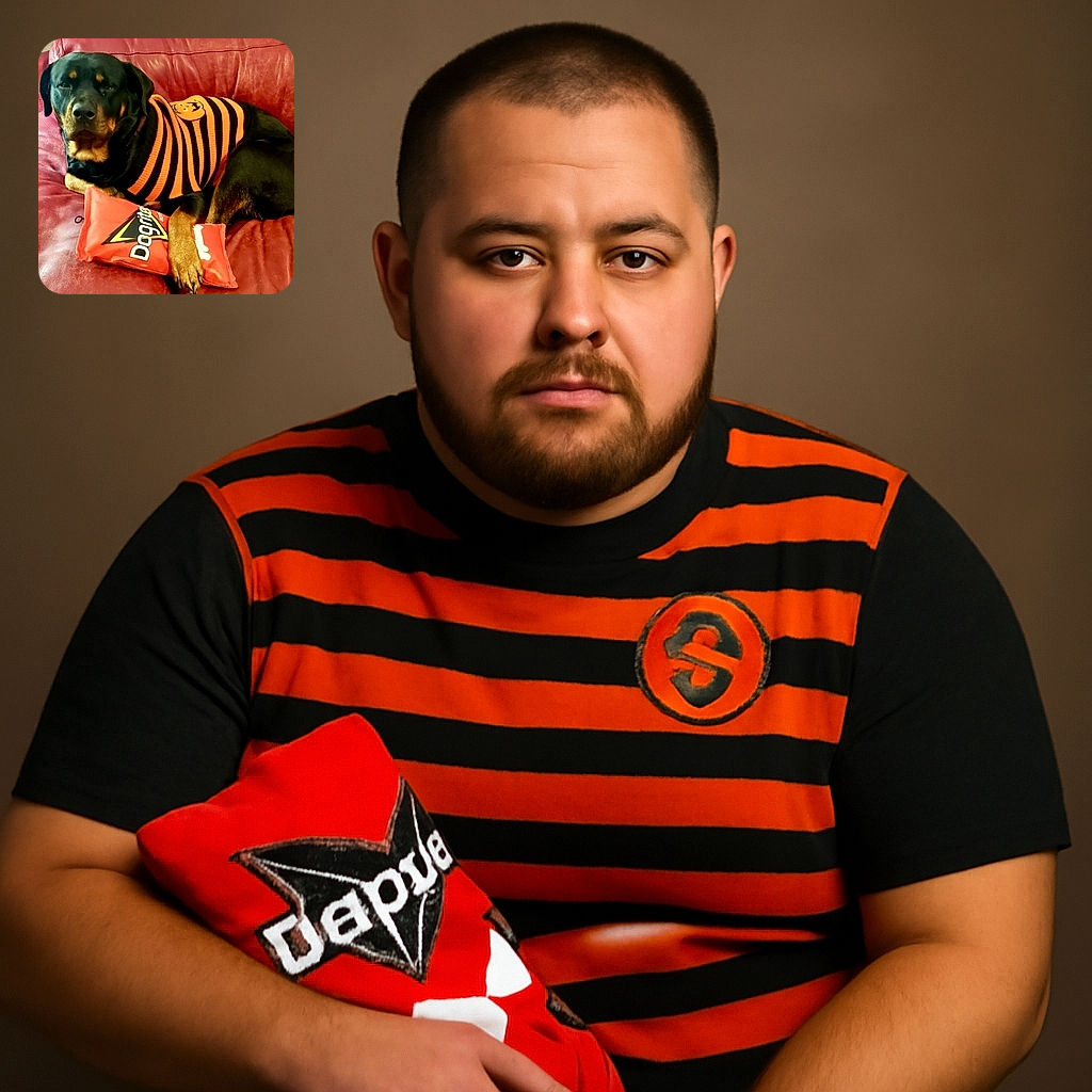 A regal Rottweiler lounges comfortably on a red leather couch, sporting a festive orange and black striped sweater with a cheerful pumpkin emblem. The dog rests its paw on a bright red 'Dogzilla' toy, looking calm and content in this cozy autumnal scene.