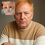 A close-up of a ginger and white cat with intense green eyes, sitting comfortably on a teal surface with a cozy indoor background. The cat looks curious and slightly serious, with a few tiny marks on its nose adding character.