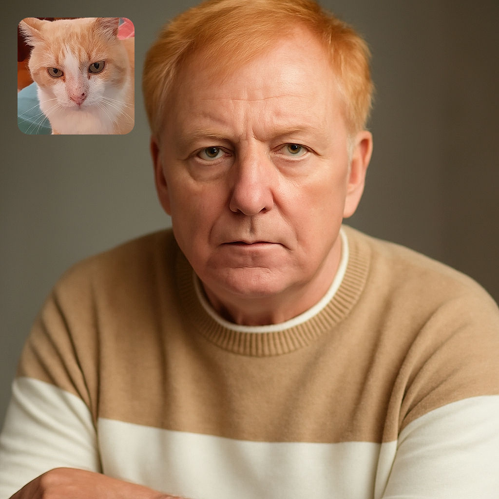 A close-up of a ginger and white cat with intense green eyes, sitting comfortably on a teal surface with a cozy indoor background. The cat looks curious and slightly serious, with a few tiny marks on its nose adding character.