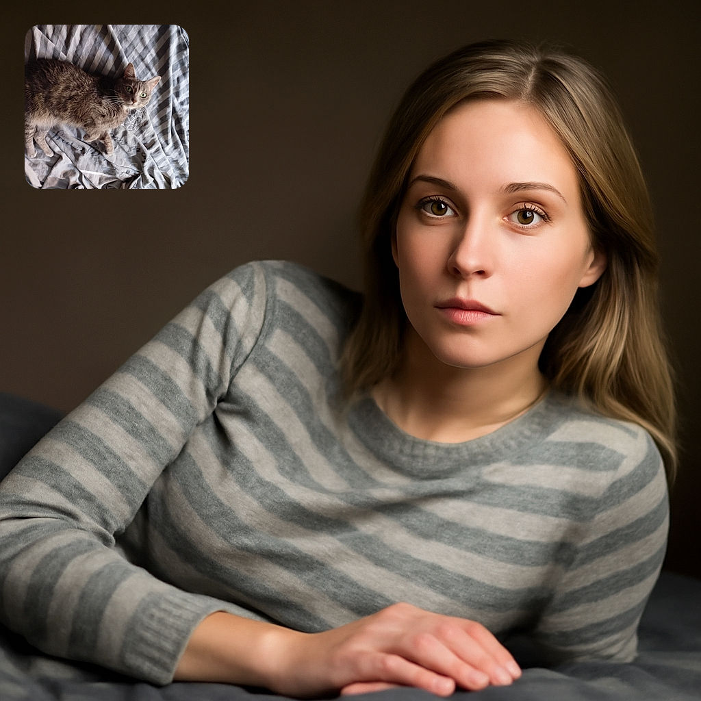 A cozy tabby cat with striking green eyes lounges comfortably on a wrinkled, striped bedspread, casting a curious glance at the camera as if pondering the mysteries of the universe—or just wondering where the next meal is.