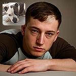 A soulful dog with a patchy face lies on a soft surface looking straight at the camera, appearing both relaxed and a bit contemplative, with a cozy indoor background including a person's legs.