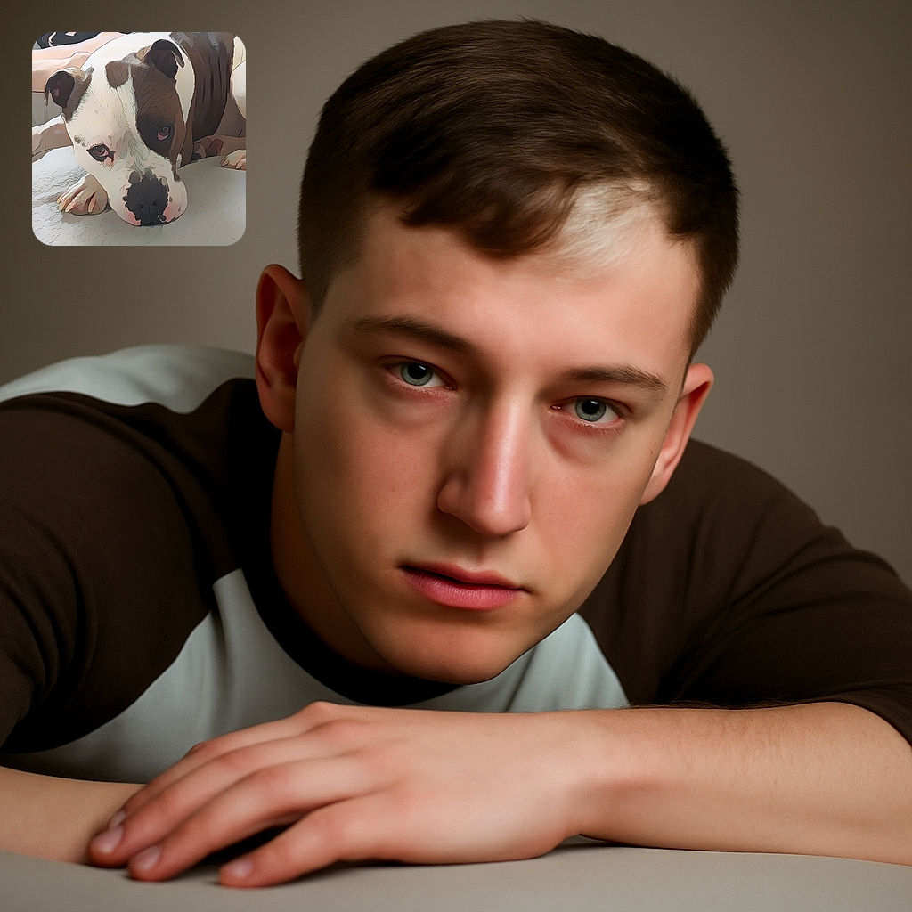A soulful dog with a patchy face lies on a soft surface looking straight at the camera, appearing both relaxed and a bit contemplative, with a cozy indoor background including a person's legs.
