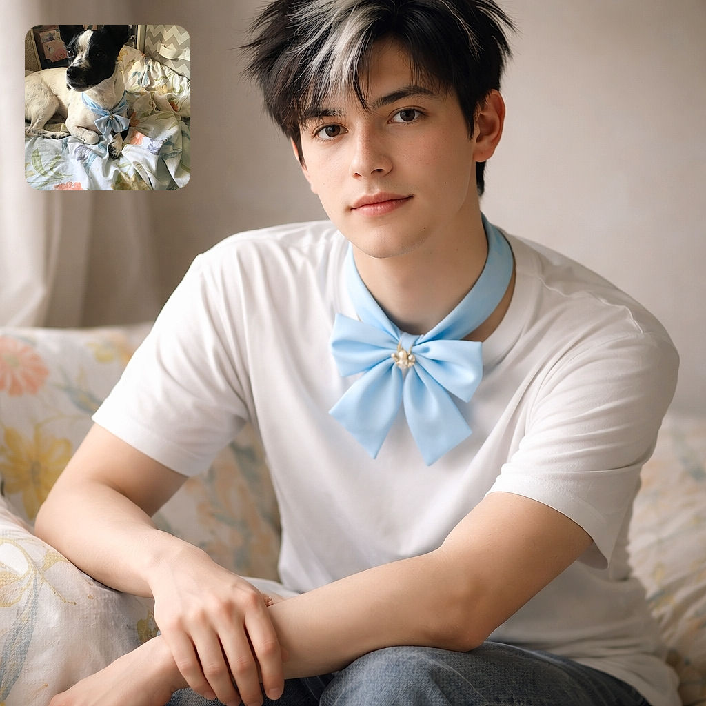 A dapper little pup lounges on a floral duvet wearing a sky-blue bow like royalty — ears at attention, eyes plotting treats, and the kind of pose that demands belly rubs and applause.