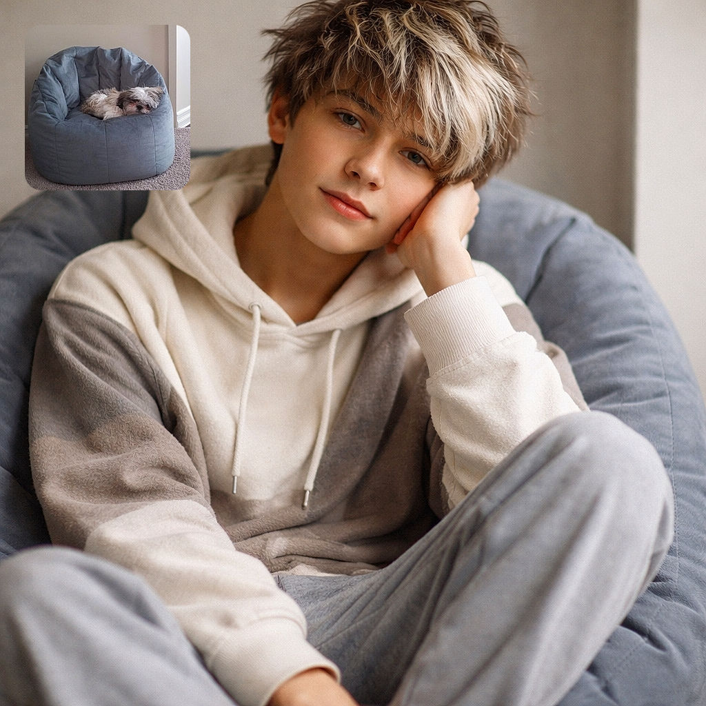 A tiny shaggy dog has claimed the beanbag throne and is dozing like royalty — half-buried in plush blue, utterly unimpressed by your agenda.