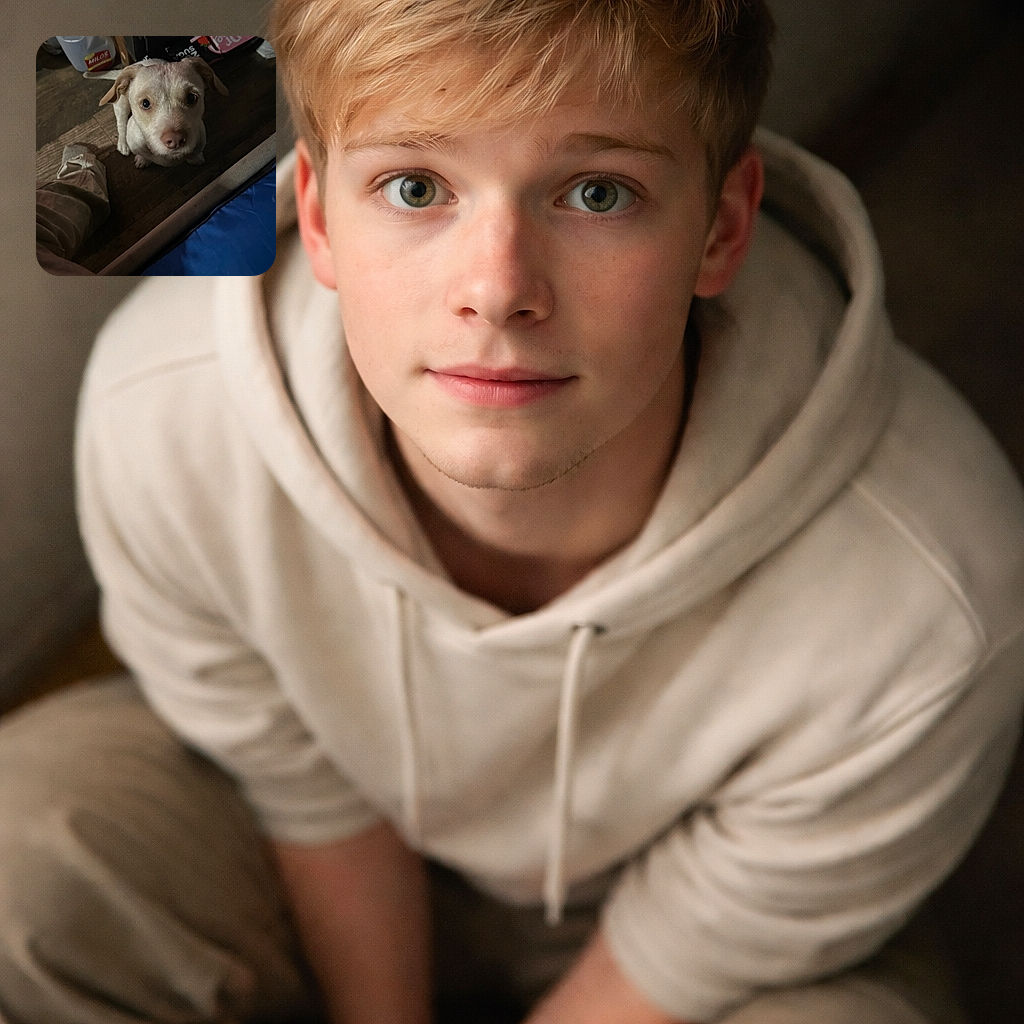 A curious small dog with light fur looks up with big, soulful eyes in a dimly lit room cluttered with everyday items like a water jug and a Dr. Pepper box, creating a cozy yet slightly messy atmosphere.