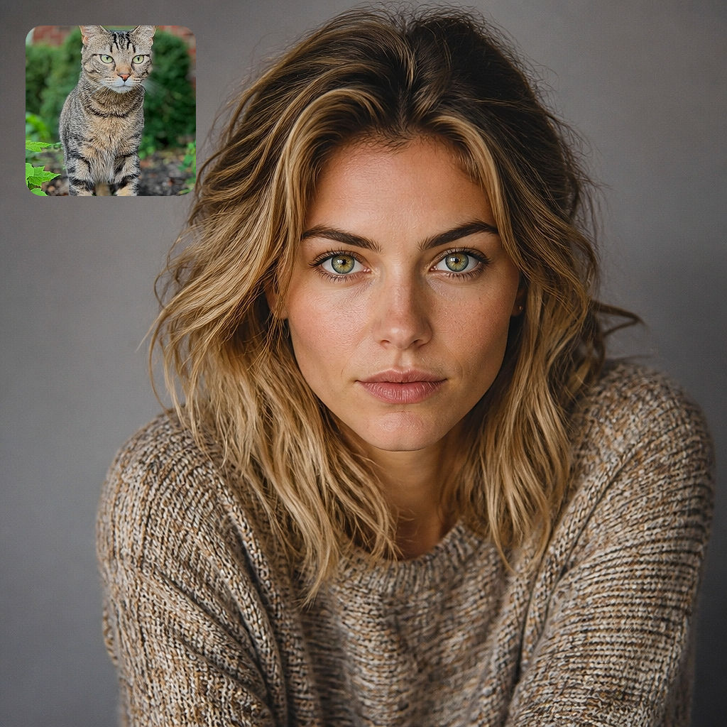 A serious-looking tabby cat stands proudly in the garden like a tiny striped security guard, staring into the camera while autumn leaves and greenery frame its neighborhood kingdom.