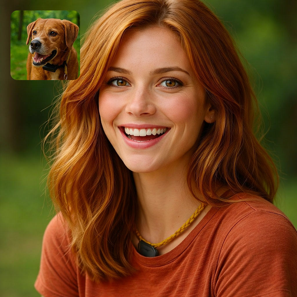 A cheerful brown dog flashes a wide, toothy grin with bright eyes and a wagging 'I9m ready to play' expression, wearing a collar and tracker; the soft-focus green woods in the background make it look like a canine superstar on an outdoor photoshoot.