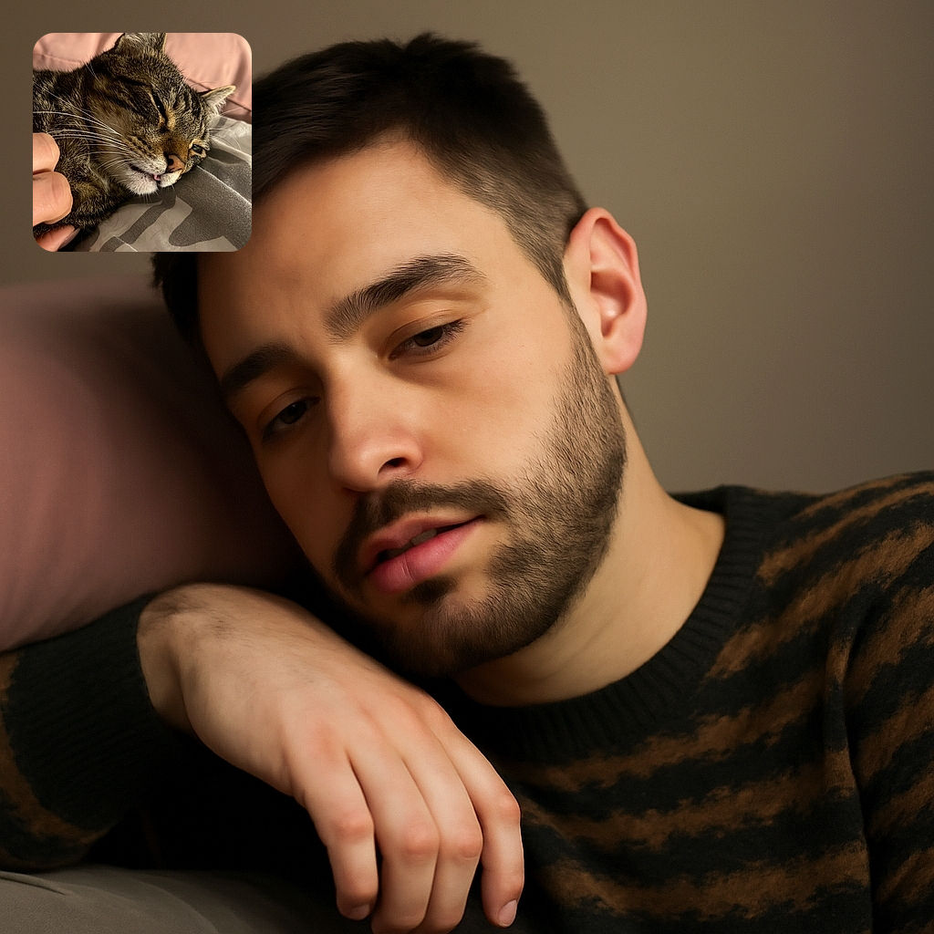 A close-up of a cozy tabby cat lying on a bed with a pink pillow in the background, looking relaxed with its tongue slightly sticking out, while a hand gently pets it.